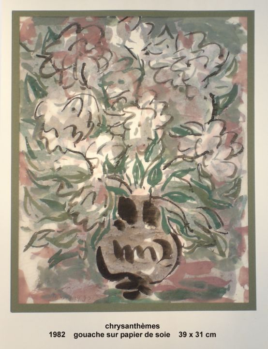 Peinture intitulée "chrysanthèmes" par Ioana, Œuvre d'art originale, Gouache Monté sur Carton