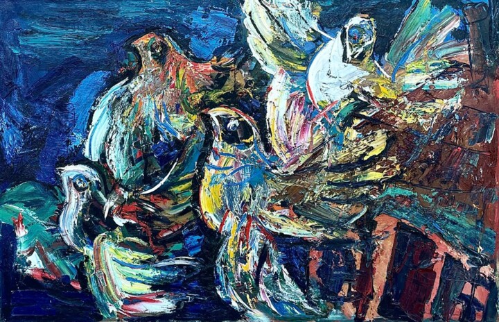 Painting titled "Pigeons" by Ion Morarescu, Original Artwork, Oil