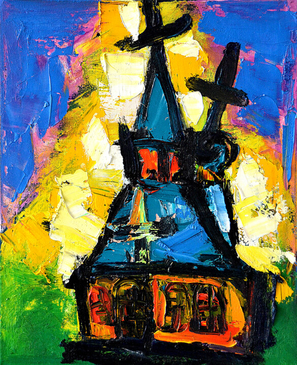 Painting titled "The church" by Ion Morarescu, Original Artwork, Oil