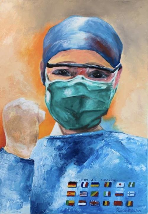 Painting titled "For all mankind" by Mihai Ionescu, Original Art, Oil Mounted on Stretcher frame