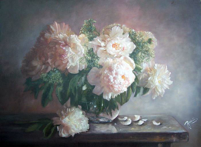 Pintura intitulada "White peonies in gl…" por Mihai Ionescu, Obras de arte originais, Óleo