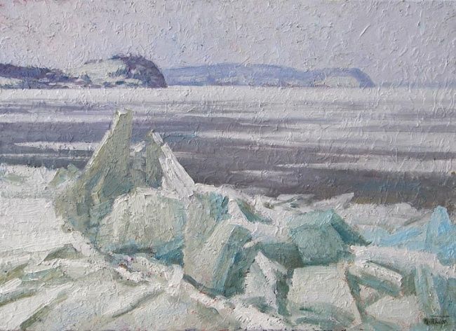 Painting titled ""Волга зимой"" by Igor Panov, Original Artwork, Oil