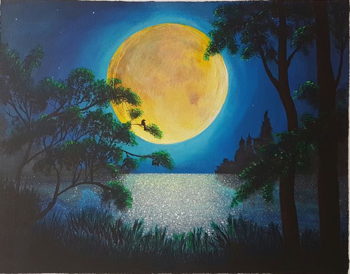 Painting titled "night in the forest" by Irina Ustinova, Original Artwork, Acrylic