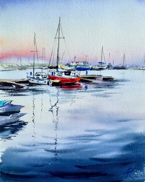 Painting titled "Yachts in sunset" by Ira Popovych, Original Artwork, Watercolor