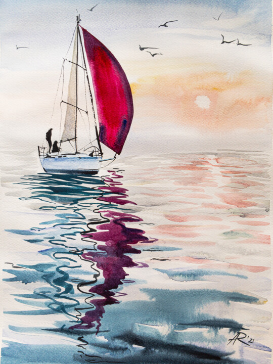 Painting titled "Scarlet sails" by Ira Popovych, Original Artwork, Watercolor