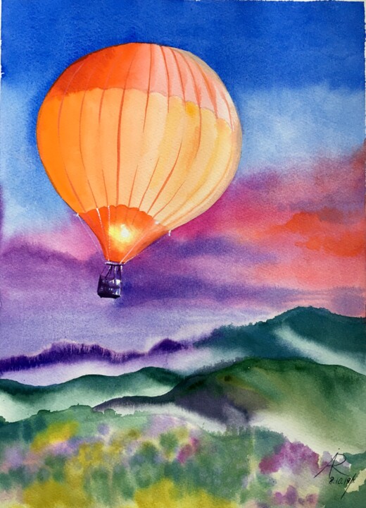 Painting titled "Orange balloon" by Ira Popovych, Original Artwork, Watercolor