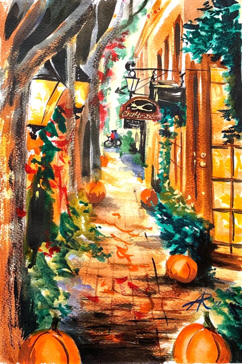 Painting titled "Pumpkins Street" by Ira Popovych, Original Artwork, Watercolor