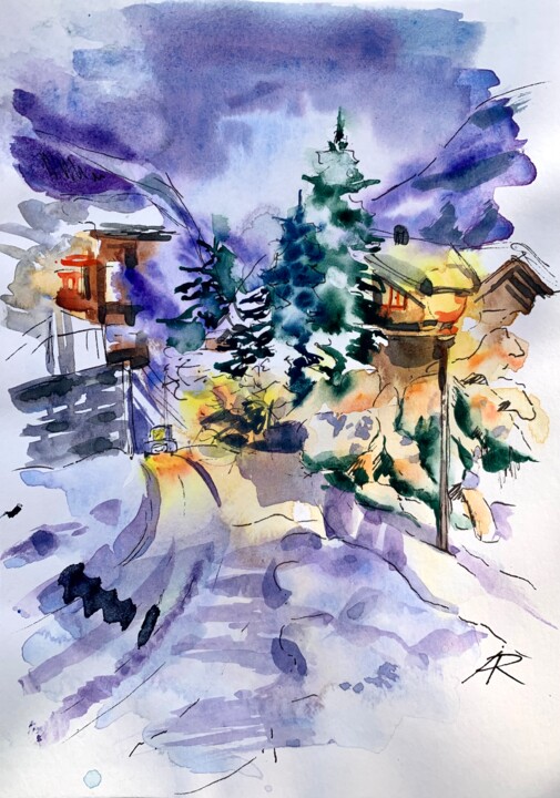 Painting titled "Winter town lights,…" by Ira Popovych, Original Artwork, Watercolor