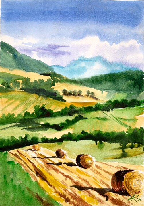 Painting titled "Tuscany haystacks 2" by Ira Popovych, Original Artwork, Watercolor