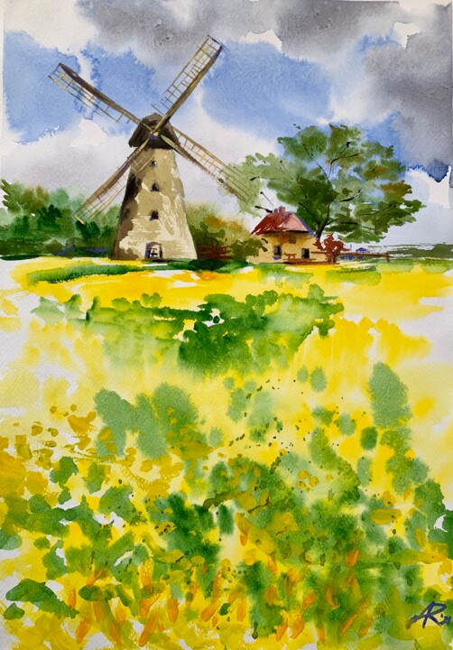 Painting titled "Holland Windmill" by Ira Popovych, Original Artwork, Watercolor