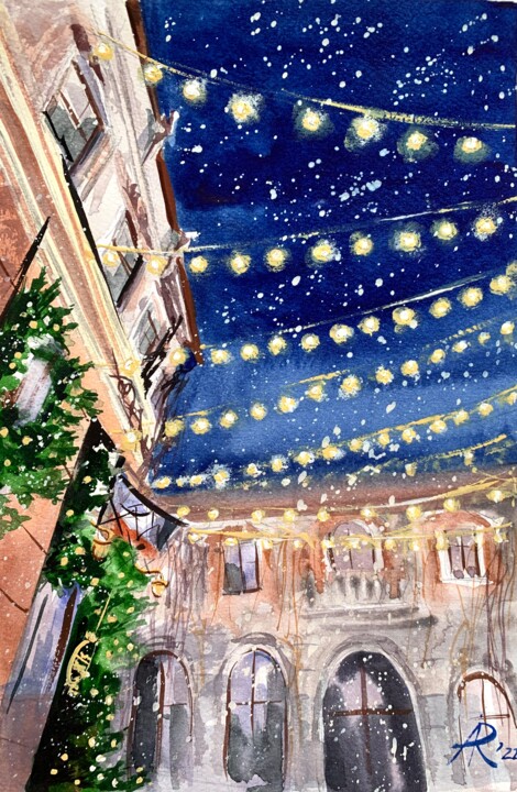 Painting titled "Christmas Cafe Ligh…" by Ira Popovych, Original Artwork, Watercolor
