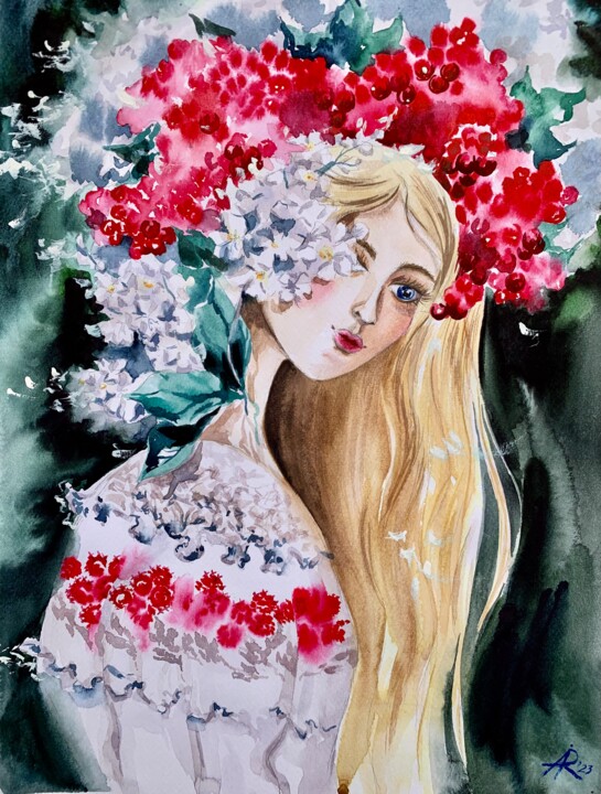 Painting titled "«As if a guelder ro…" by Ira Popovych, Original Artwork, Watercolor