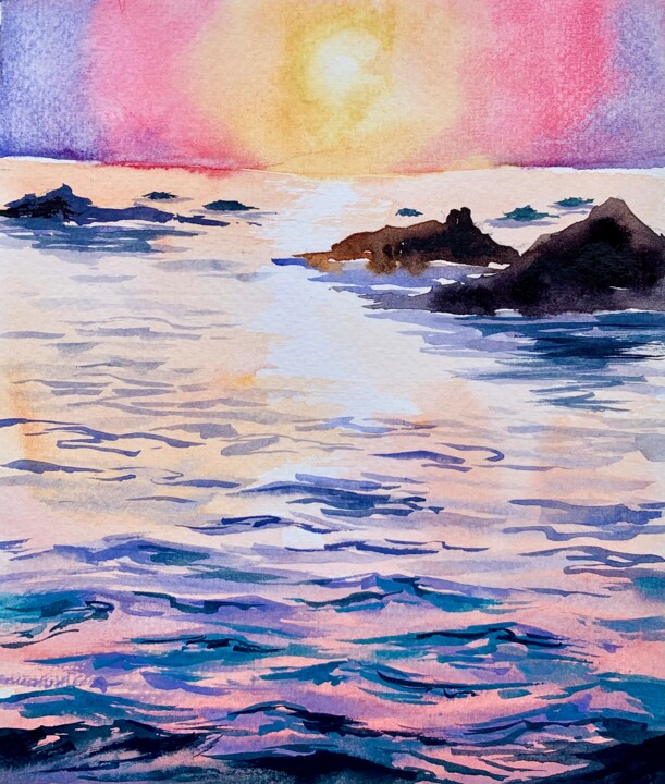 Peinture intitulée "Calm Sea Sunset" par Ira Popovych, Œuvre d'art originale, Aquarelle
