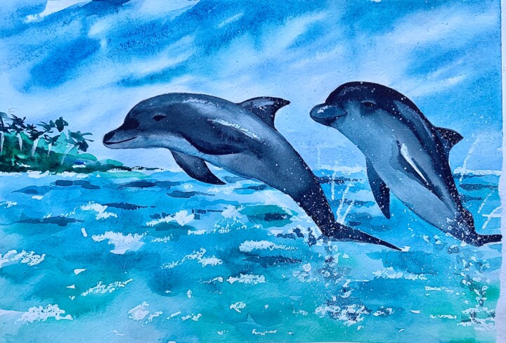 绘画 标题为“Jumping dolphins” 由Ira Popovych, 原创艺术品, 水彩