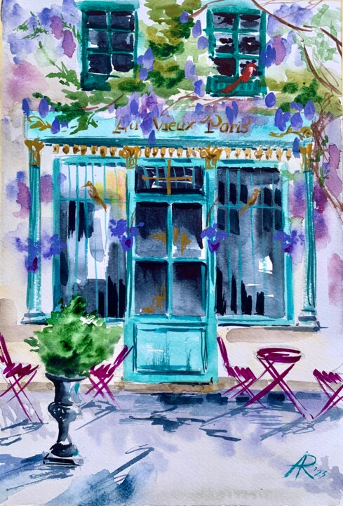 Painting titled "Paris Cafe with Blu…" by Ira Popovych, Original Artwork, Watercolor