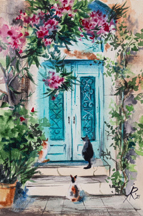 Painting titled "Blue doors in Itali…" by Ira Popovych, Original Artwork, Watercolor