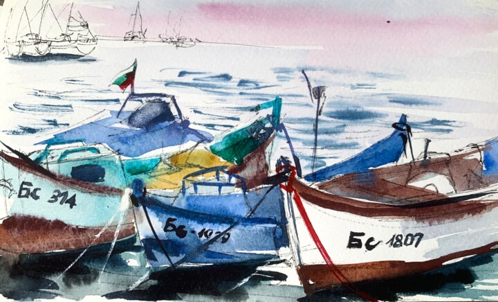 绘画 标题为“Fishing Boats. Sara…” 由Ira Popovych, 原创艺术品, 水彩