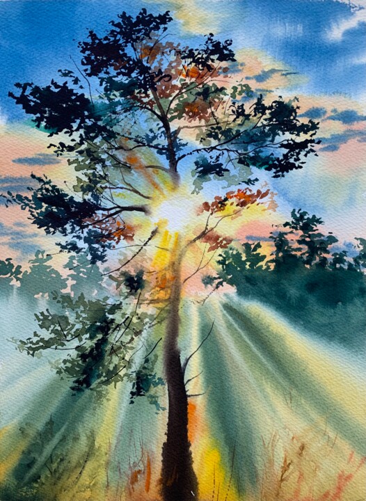Painting titled "Tree in Sunshine" by Ira Popovych, Original Artwork, Watercolor