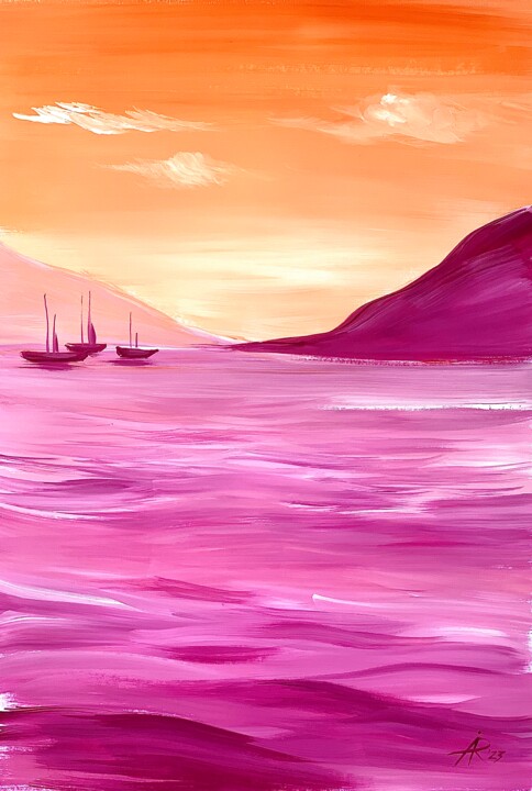 Pittura intitolato "Orange-Pink sea sun…" da Ira Popovych, Opera d'arte originale, Gouache