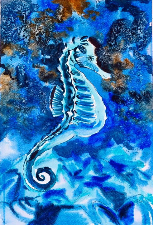 Painting titled "Seahorse in Coral R…" by Ira Popovych, Original Artwork, Watercolor