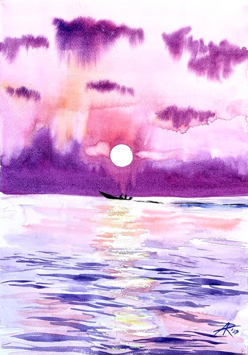 Painting titled "Purple Sea Sunset" by Ira Popovych, Original Artwork, Watercolor