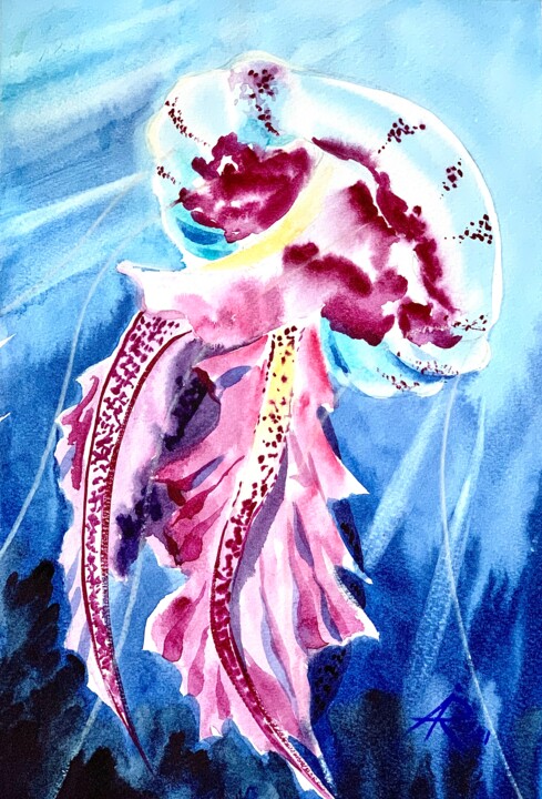 Painting titled "Pink Jellyfish" by Ira Popovych, Original Artwork, Watercolor
