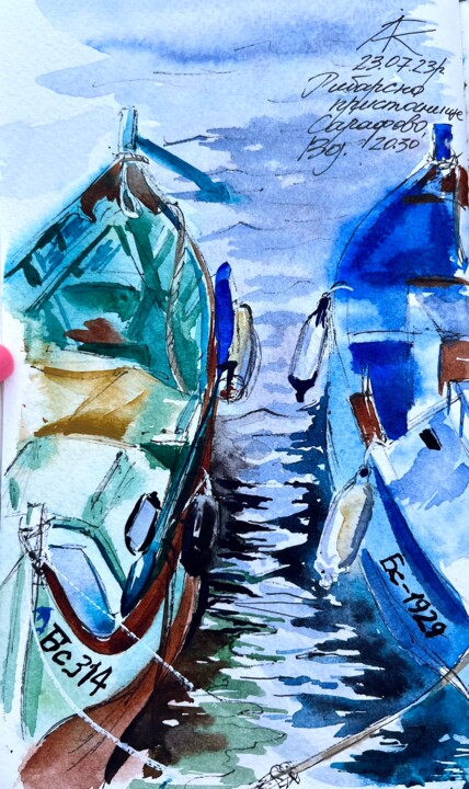 Malerei mit dem Titel "Blue Fisher boats,…" von Ira Popovych, Original-Kunstwerk, Aquarell