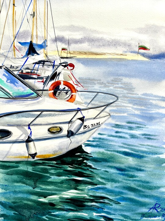 Painting titled "White Yacht in the…" by Ira Popovych, Original Artwork, Watercolor