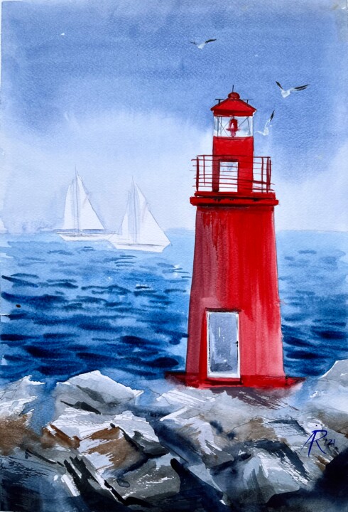 Painting titled "Red Lighthouse" by Ira Popovych, Original Artwork, Watercolor
