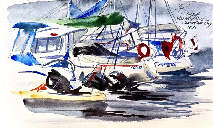 Painting titled "Yachts sketching du…" by Ira Popovych, Original Artwork, Watercolor