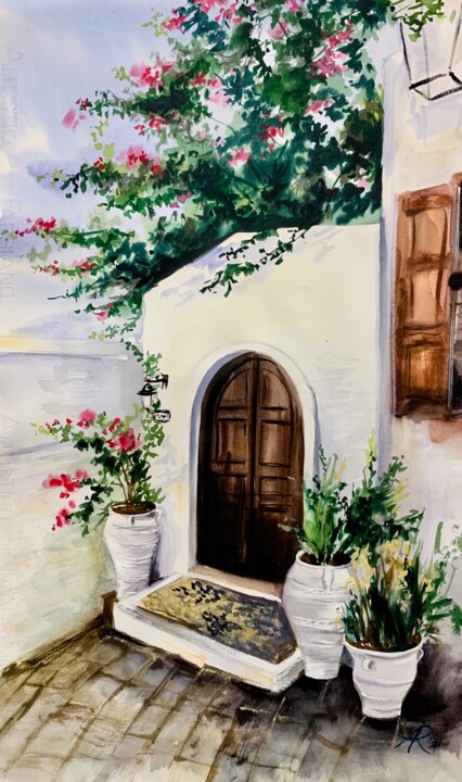 Painting titled "Amphoras and Oleand…" by Ira Popovych, Original Artwork, Watercolor