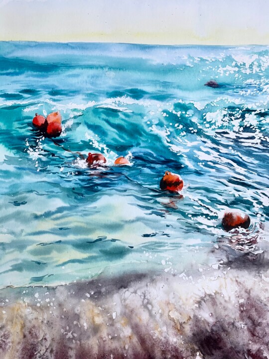 Painting titled "Red Buoys-2, Falira…" by Ira Popovych, Original Artwork, Watercolor