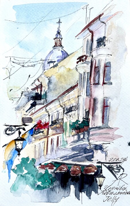 Painting titled "Street Cafe, Cherni…" by Ira Popovych, Original Artwork, Watercolor