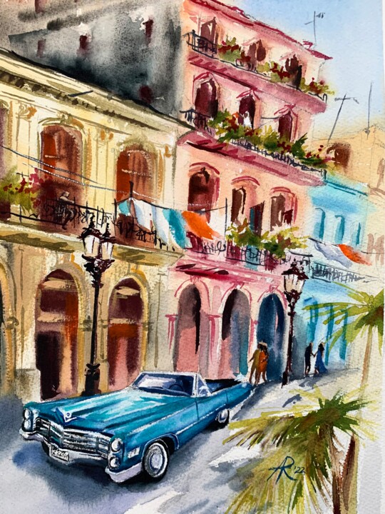 Painting titled "Blue Cabriolet on t…" by Ira Popovych, Original Artwork, Watercolor