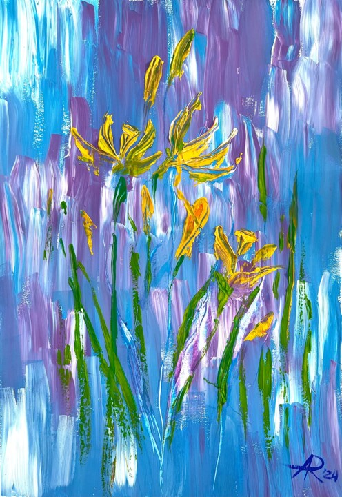 Painting titled "DAFFODILS IN BLUE" by Ira Popovych, Original Artwork, Gouache