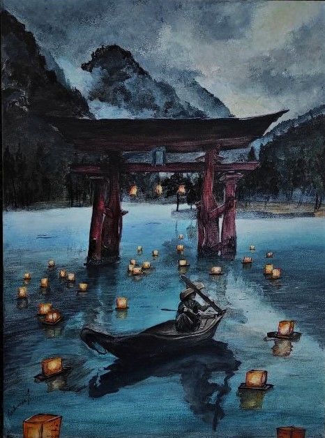 Painting titled "Night in JAPAN" by Ira Sidorenko, Original Artwork, Acrylic