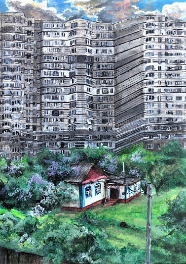 Painting titled "Home" by Ira Sidorenko, Original Artwork, Acrylic Mounted on Wood Panel