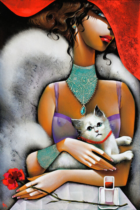 Malerei mit dem Titel "Lady with Cat, limi…" von Ira Tsantekidou, Original-Kunstwerk, Acryl