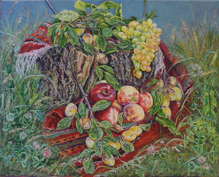 Painting titled "Натюрморт на траве" by Dronova Korotoiakskaia, Original Artwork, Oil Mounted on Wood Stretcher frame