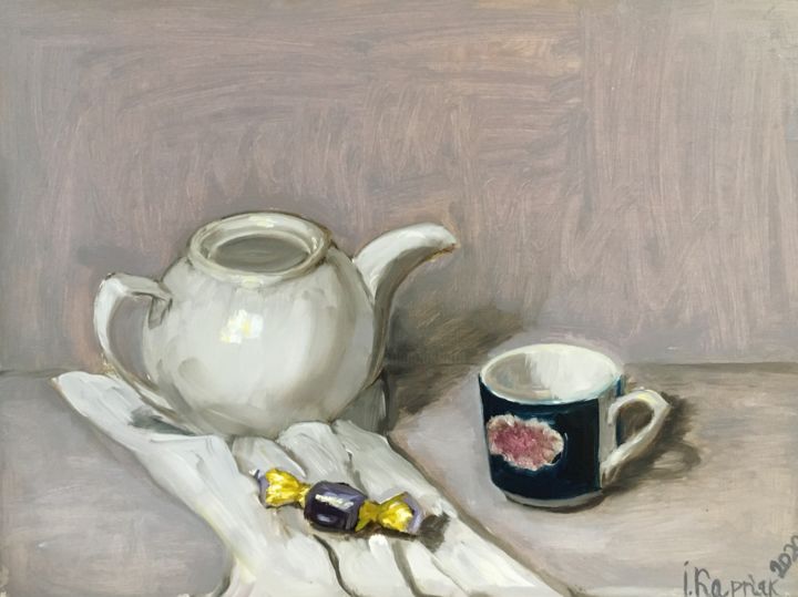 Pittura intitolato "white teapot" da Iryna Karpiak, Opera d'arte originale, Olio