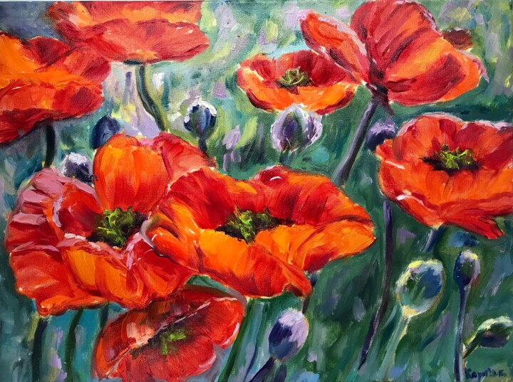 Peinture intitulée "red poppies" par Iryna Karpiak, Œuvre d'art originale, Huile