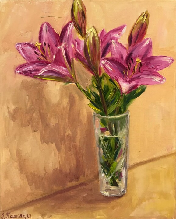 Painting titled "Lilies 2" by Iryna Karpiak, Original Artwork, Oil