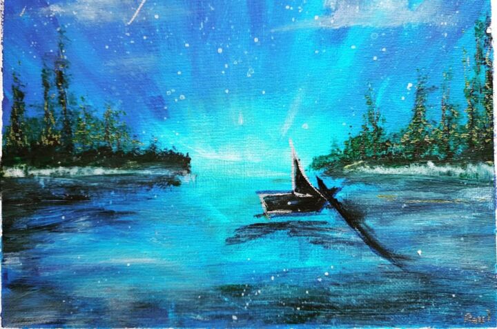Arts numériques intitulée "Blue lake fishing" par Don Ravi, Œuvre d'art originale, Acrylique