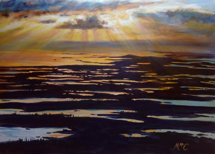 Malarstwo zatytułowany „Sunburtst over Roun…” autorstwa Martin Mc Cormack, Oryginalna praca, Akryl Zamontowany na Drewniana…