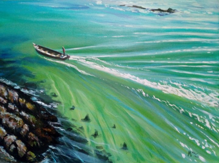 Painting titled "Boatman" by Martin Mc Cormack, Original Art, Acrylic Mounted on Stretcher frame