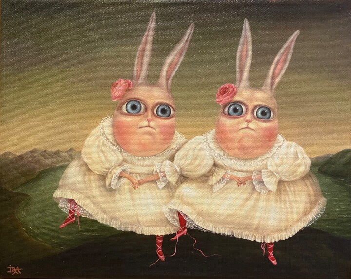 Obrazy i ryciny zatytułowany „Dancing Twins” autorstwa Irena Aizen, Oryginalna praca, Cyfrowy wydruk Zamontowany na Drewnian…