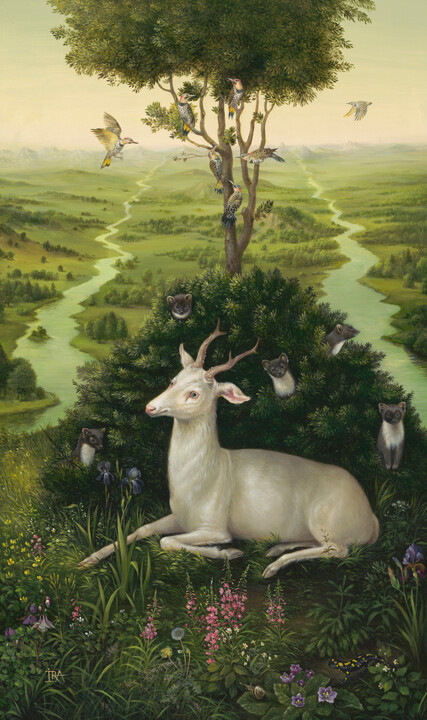 Картина под названием "Pyramid with Deer" - Irena Aizen, Подлинное произведение искусства, Акрил Установлен на Деревянная ра…