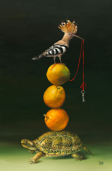 Painting titled "Pyramid with Hoopoe" by Irena Aizen, Original Artwork, Oil