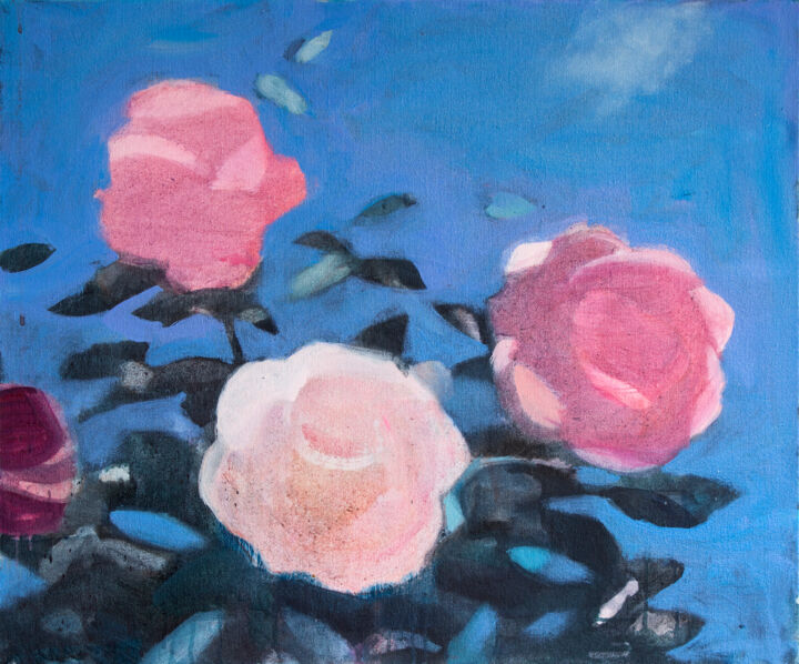 Painting titled "Roses" by Irena Luse, Original Artwork, Oil Mounted on Wood Stretcher frame