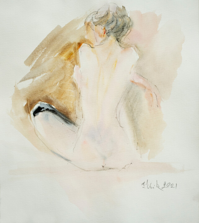 Картина под названием "WAITING WOMAN BY TH…" - Irene Bibik-Chkolian, Подлинное произведение искусства, Акварель